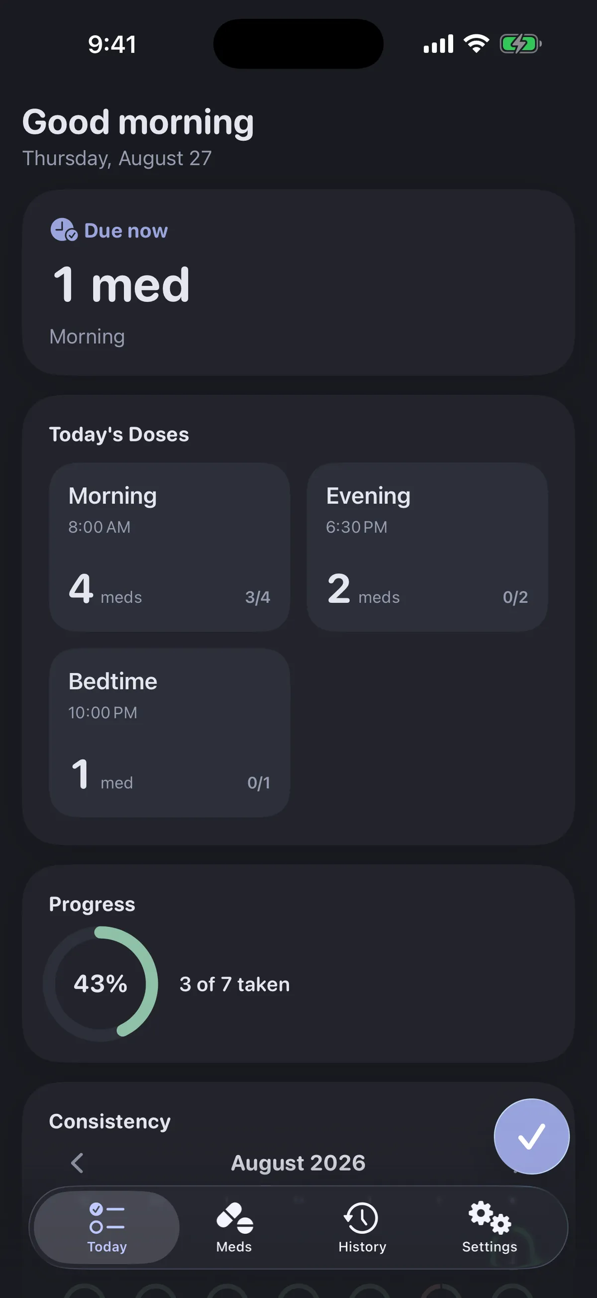 Today list in dark mode with the morning doses due now