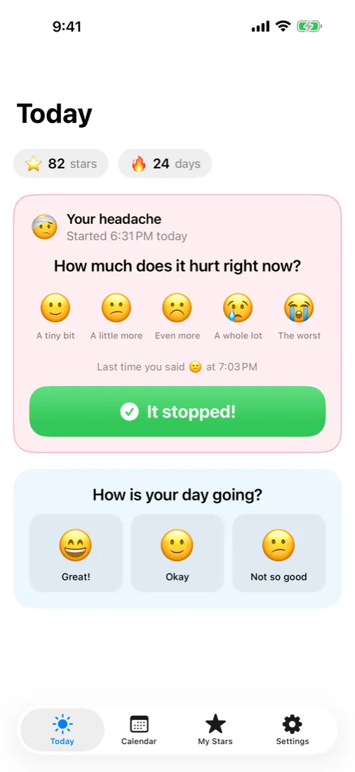 Today screen with an active headache card and faces check-in