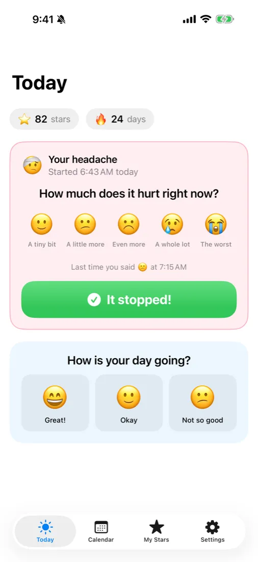 Today screen with an active headache card and faces check-in