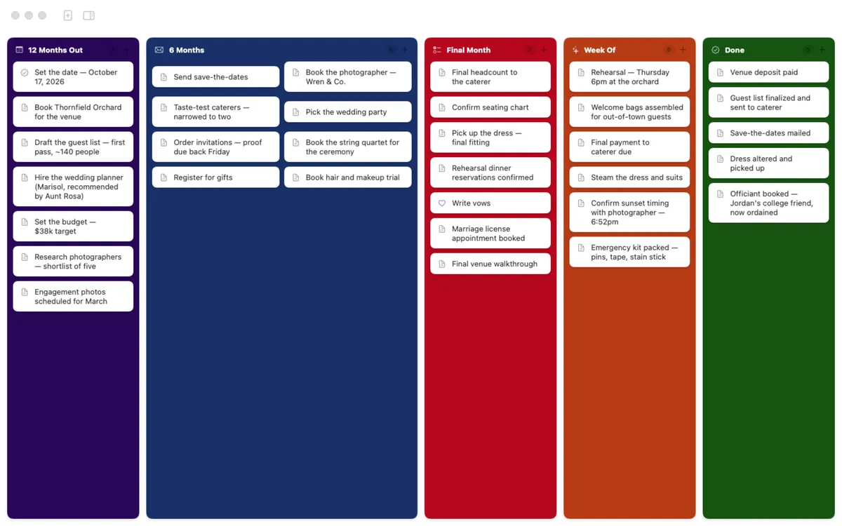 A wedding-planning board with five color-coded columns from 12 Months Out to Done