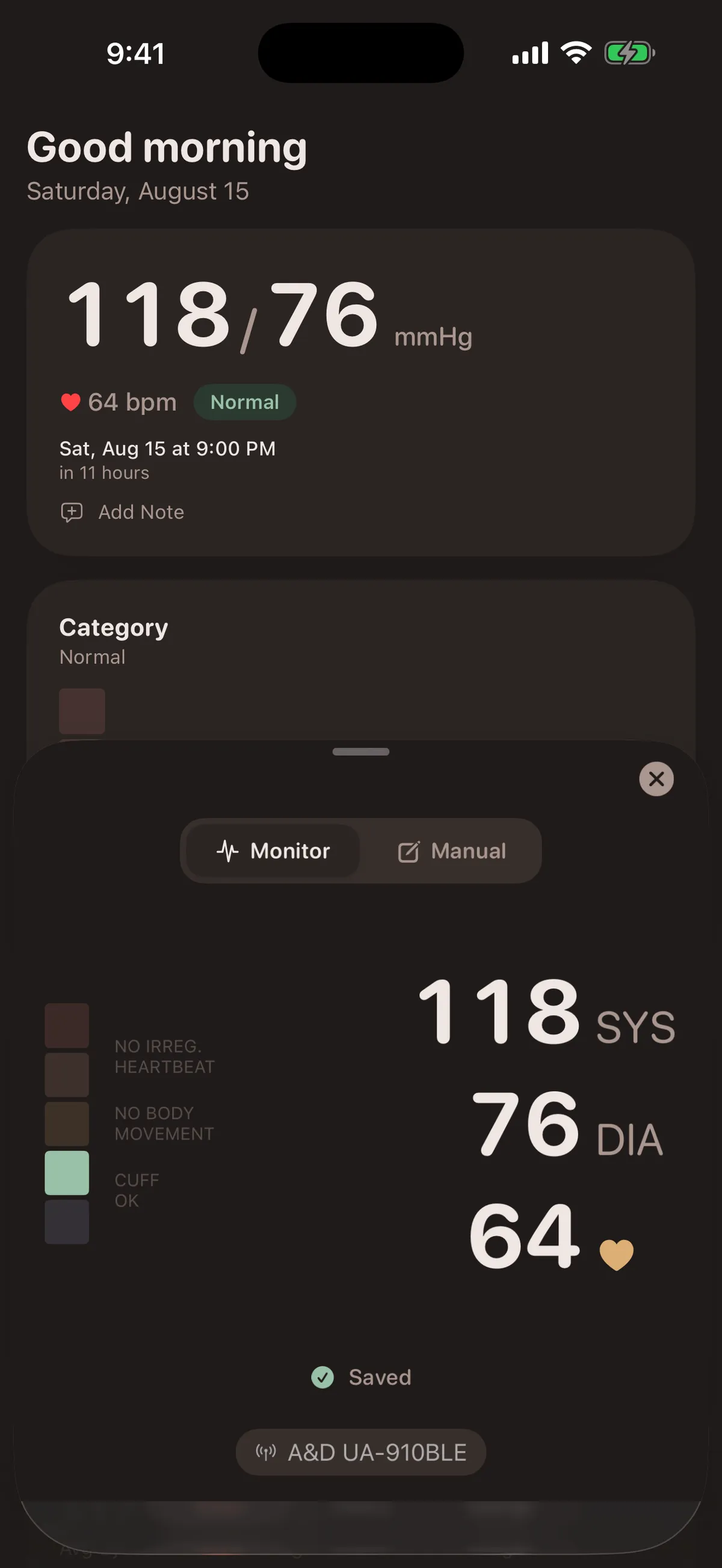 Measurement sheet in dark mode showing a live reading from a paired Bluetooth monitor