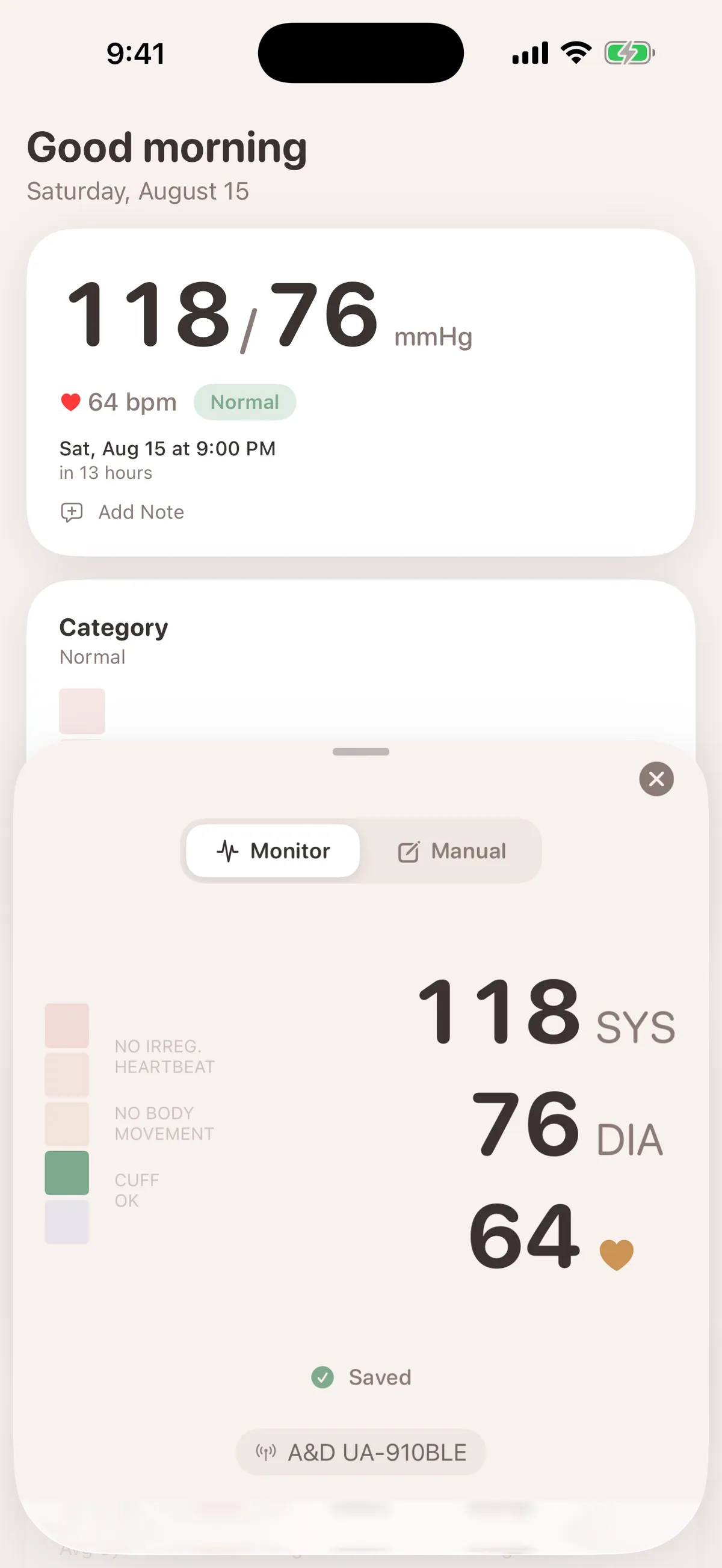 Measurement sheet showing a live reading from a paired Bluetooth monitor, saved automatically with cuff-fit and heartbeat checks