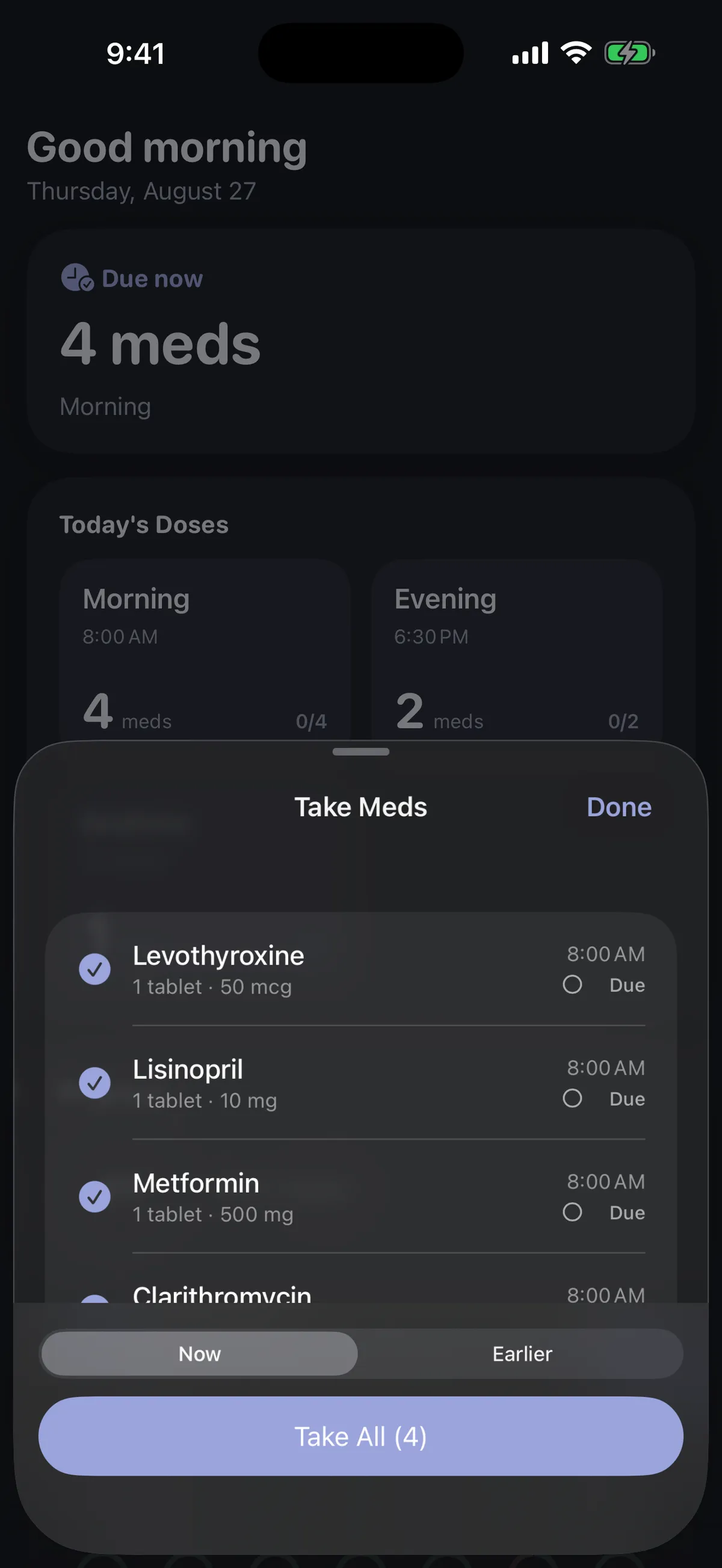 Take Meds sheet in dark mode logging everything due right now