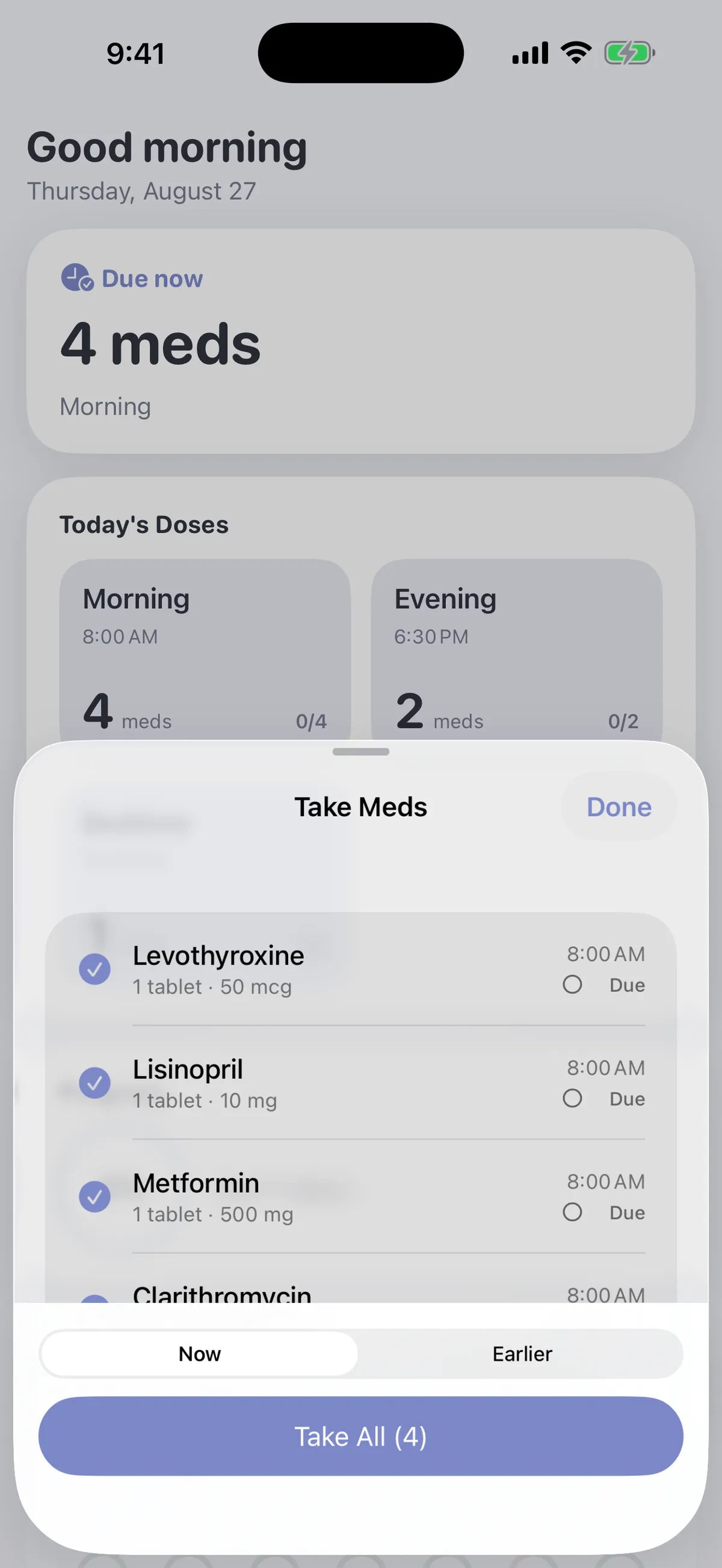 Take Meds sheet logging everything due right now — take, skip, or leave each dose for later