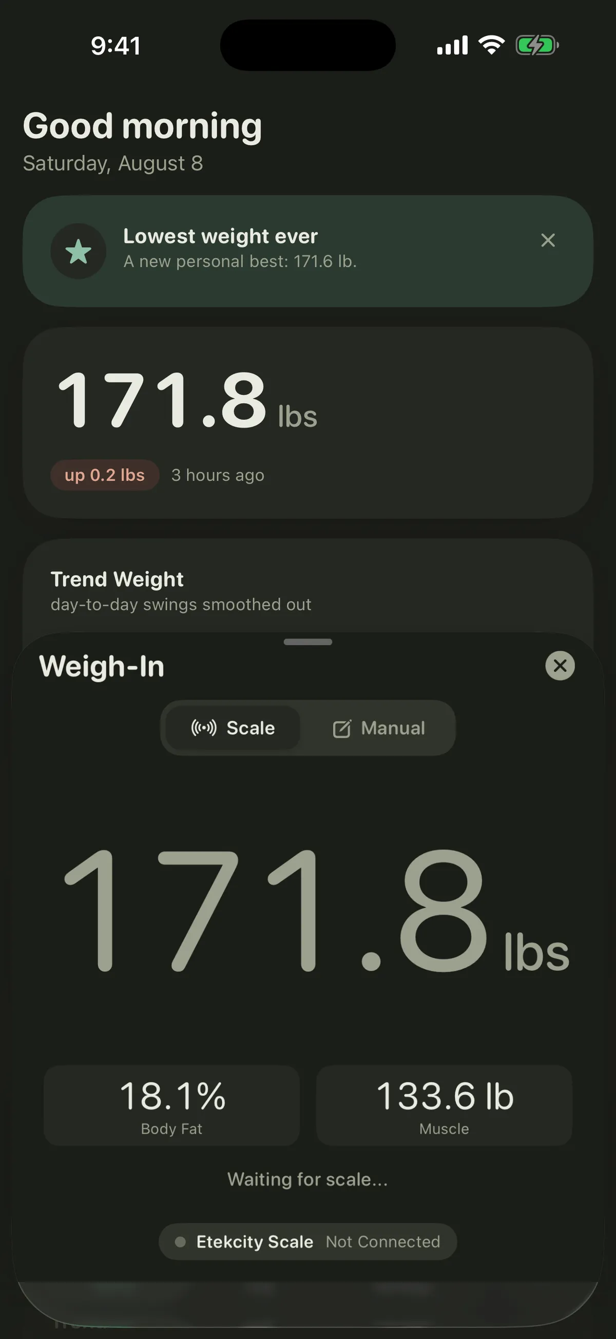 Weigh-in panel in dark mode with a live scale reading and body-composition stats