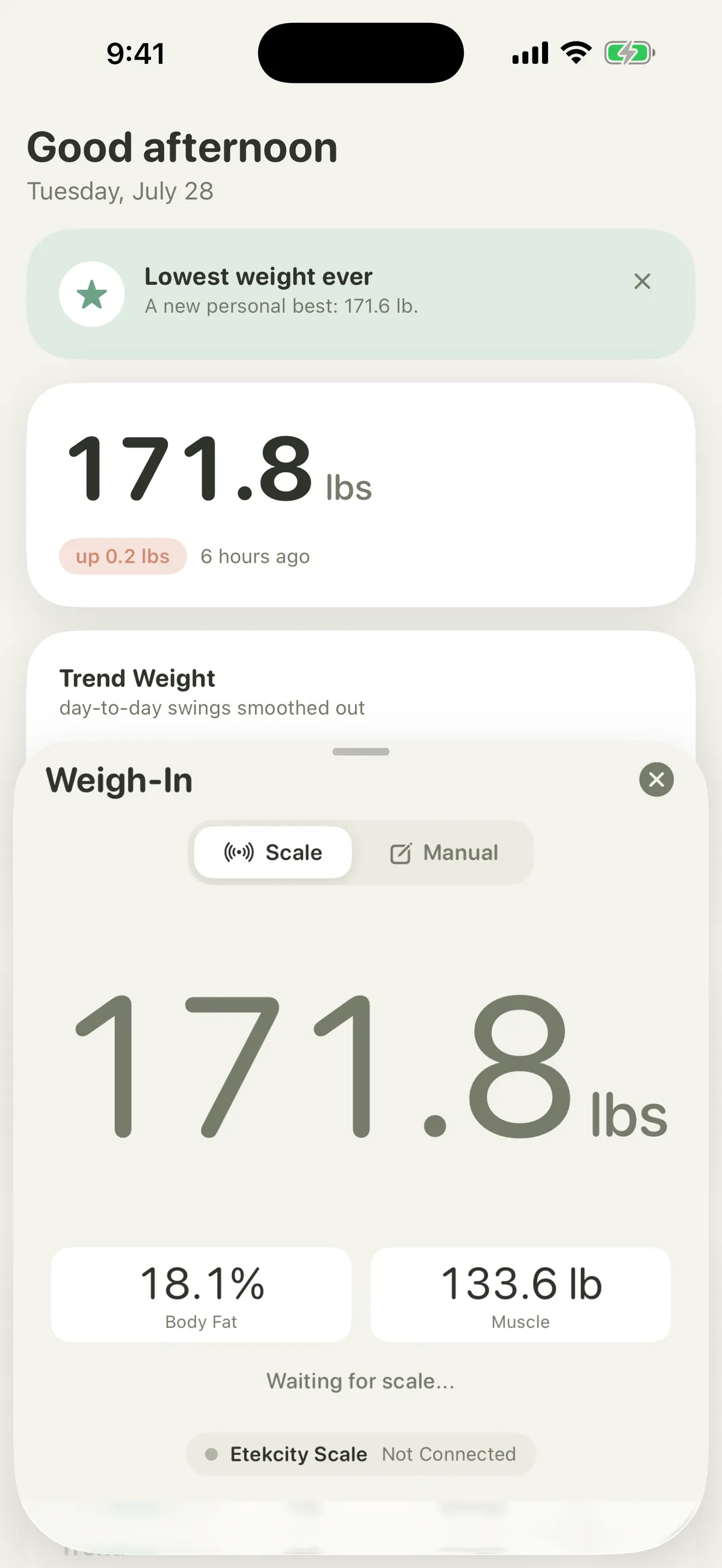 Weigh-in panel sliding up over the dashboard with a live scale reading and body-composition stats