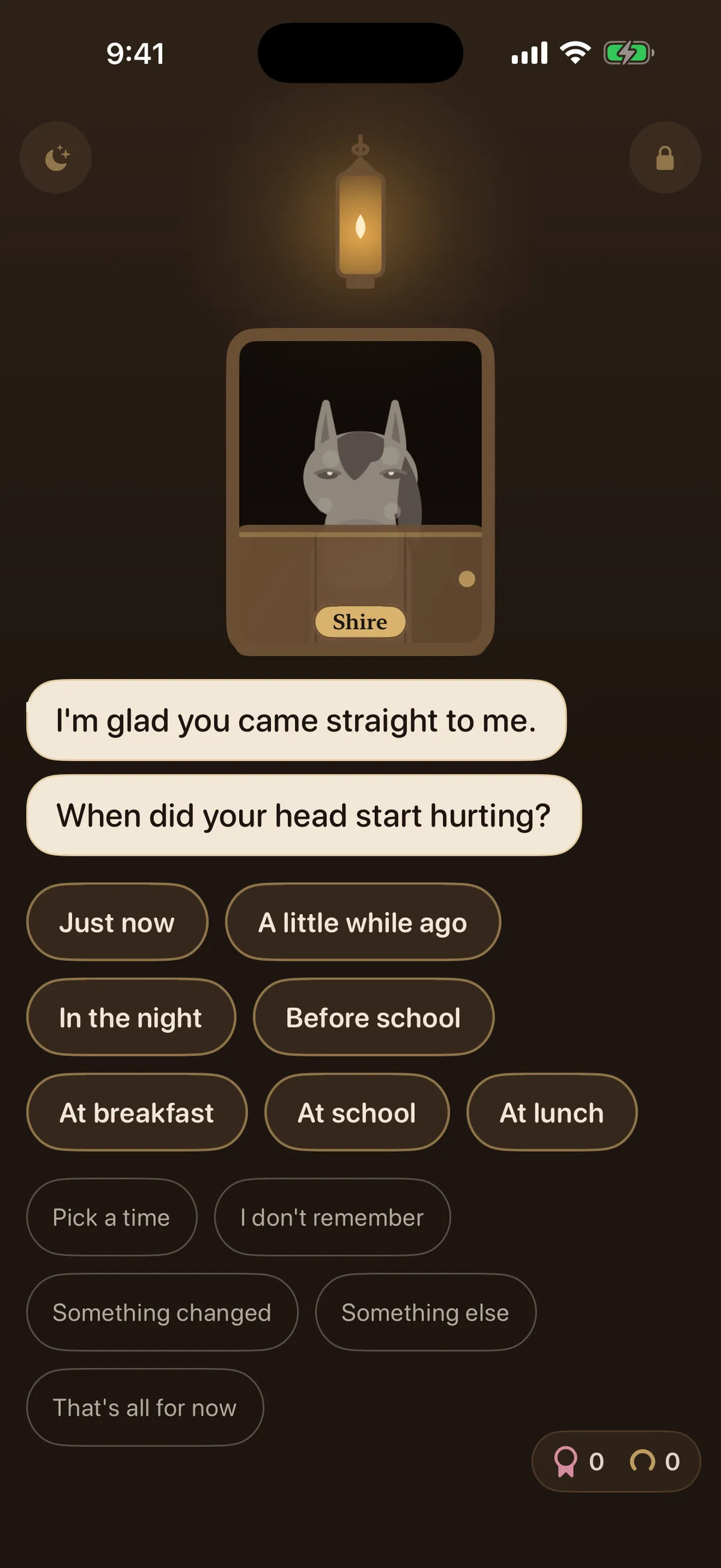 Shire asking when the headache started, with everyday time choices like after lunch and I don't remember