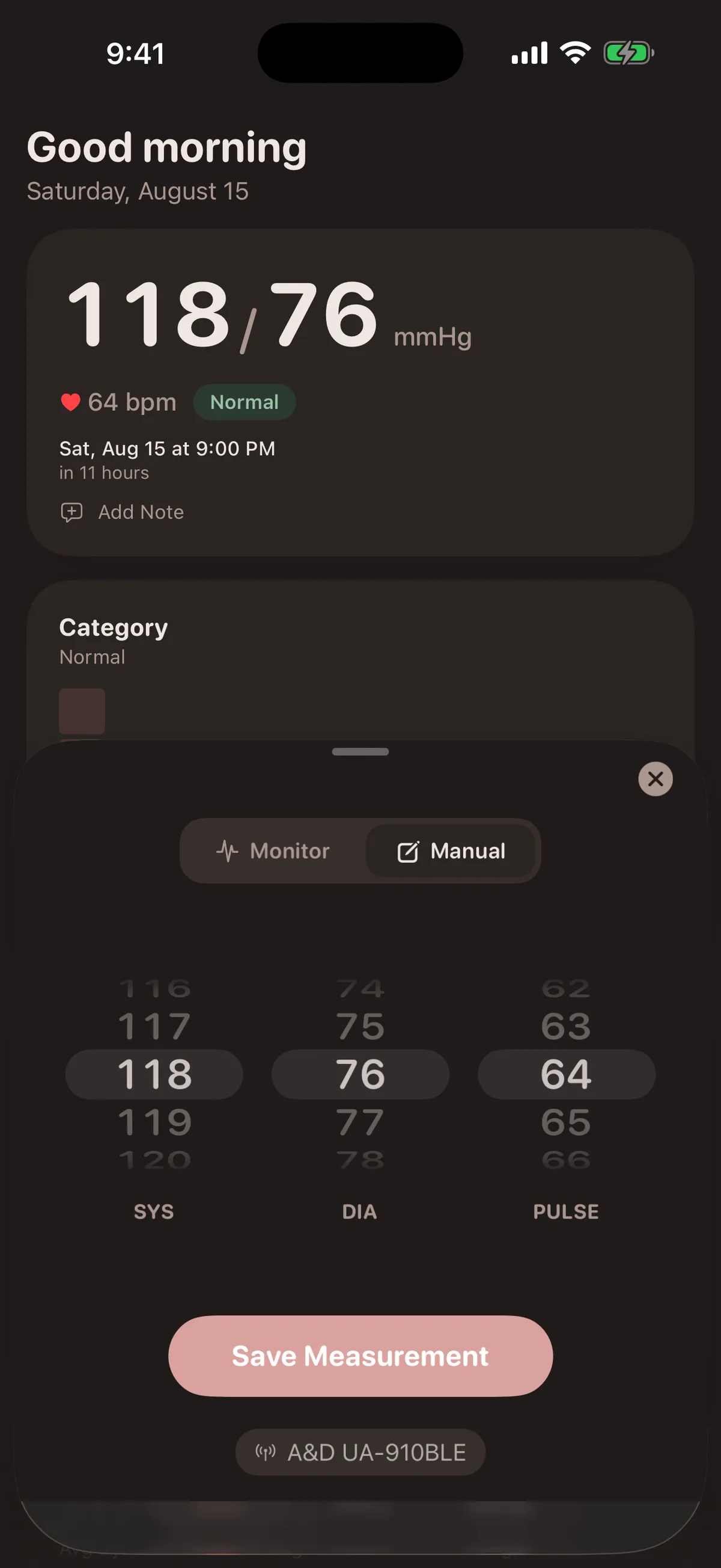 Manual entry mode of the measurement sheet in dark mode