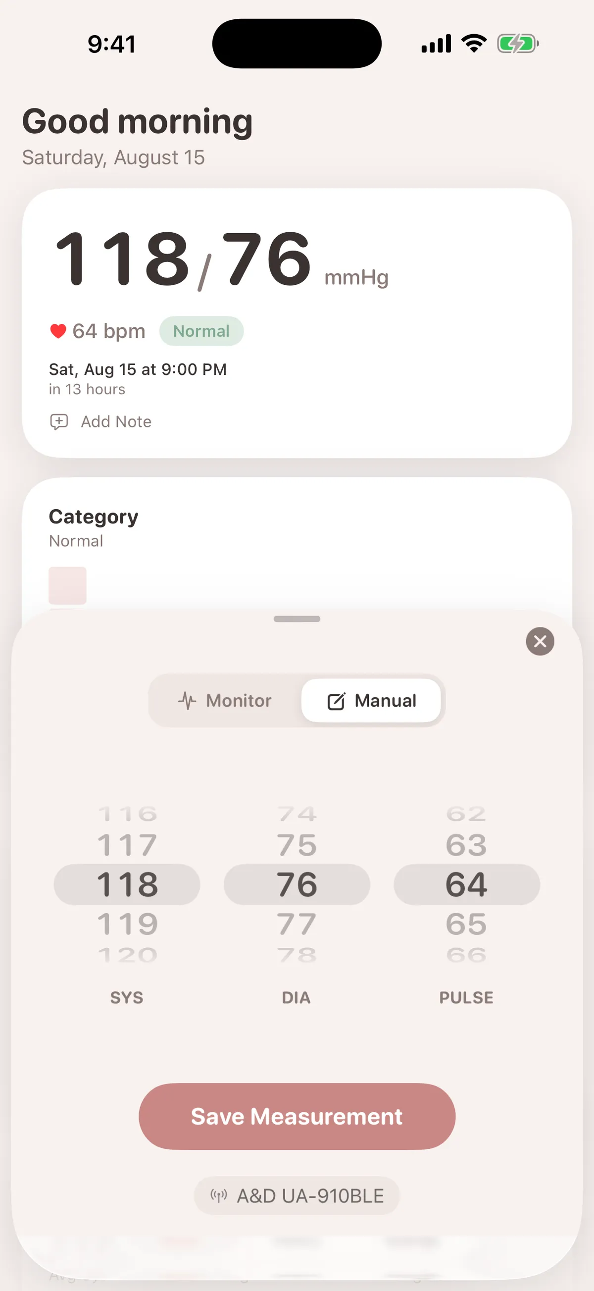 Manual entry mode of the measurement sheet for dialing in systolic, diastolic, and pulse by hand