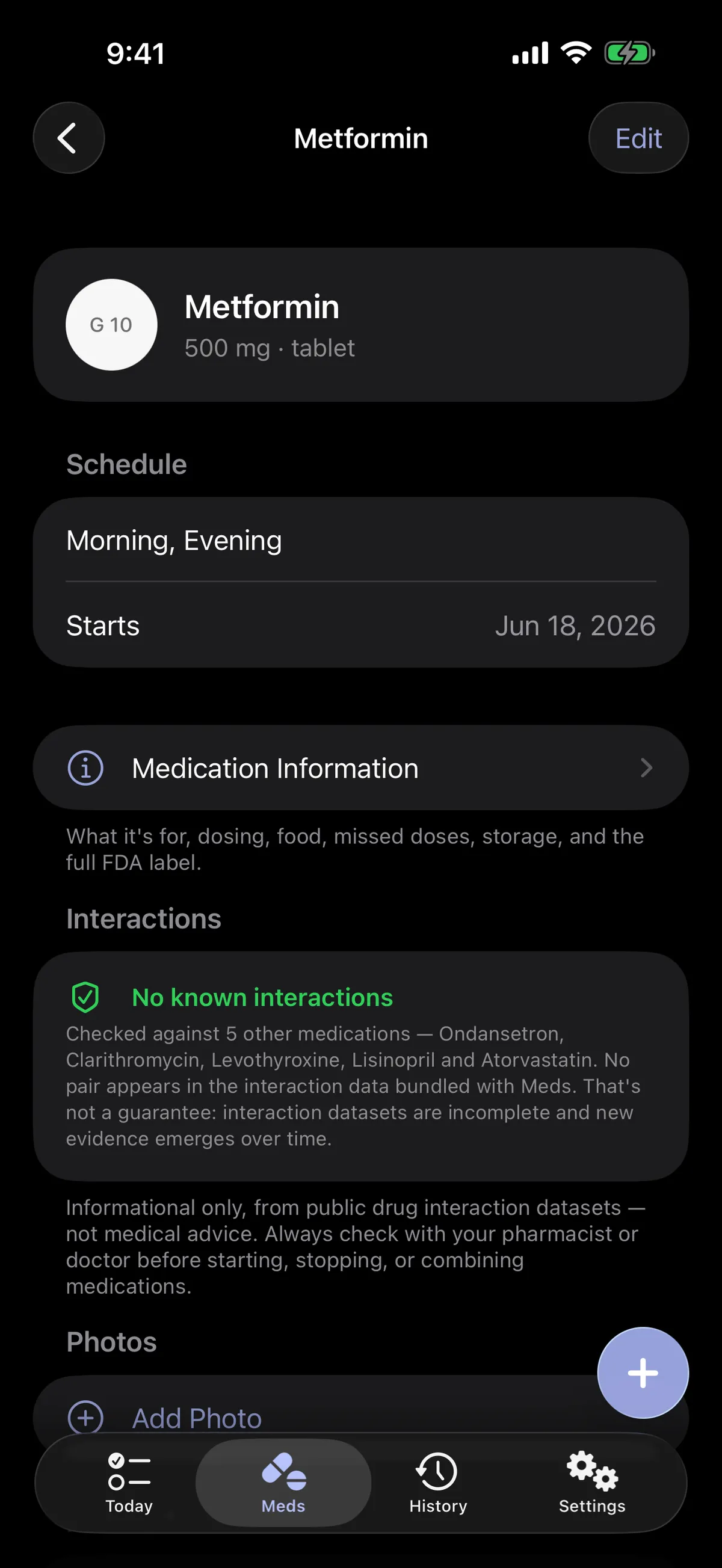 Medication detail screen in dark mode with dose, schedule, and FDA-label safety information