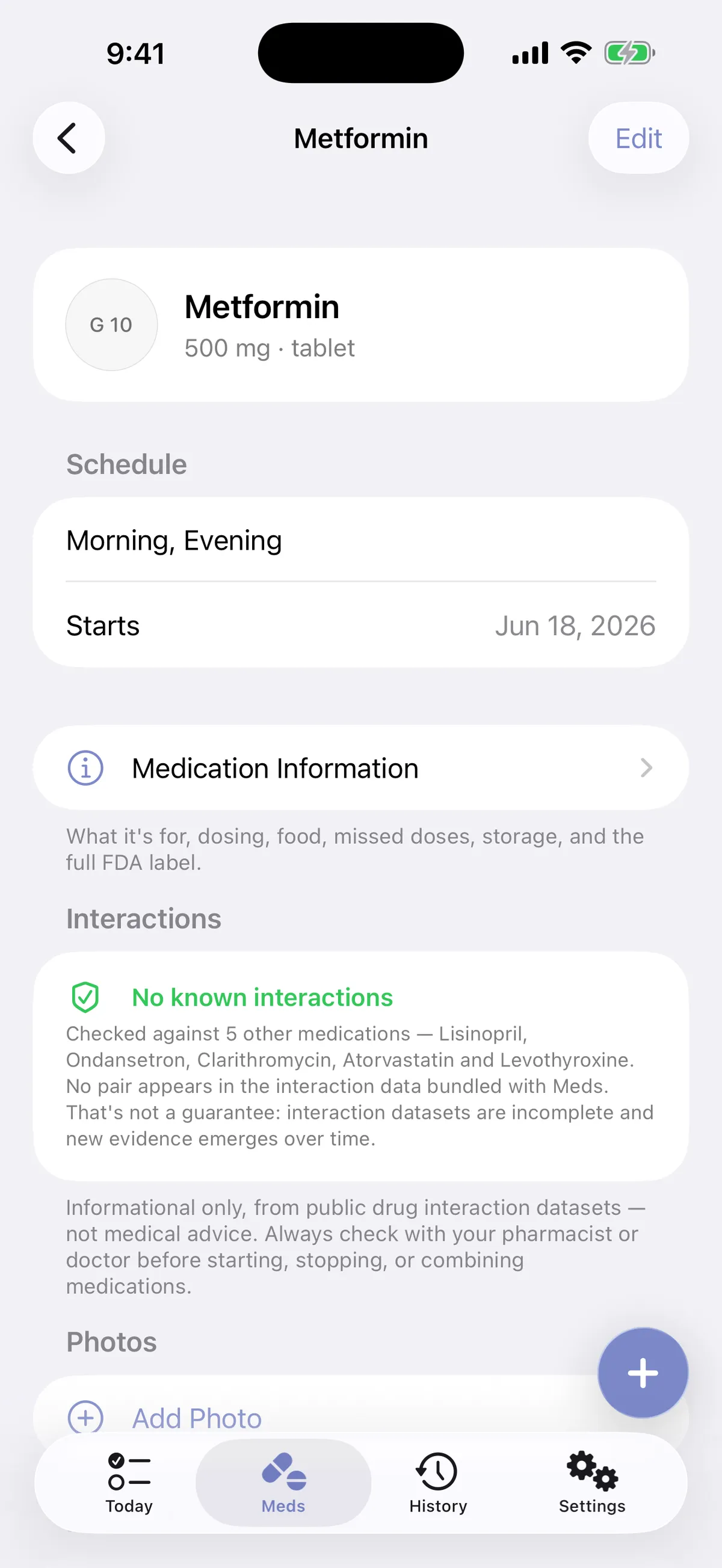 Medication detail screen with dose, schedule, and FDA-label safety information