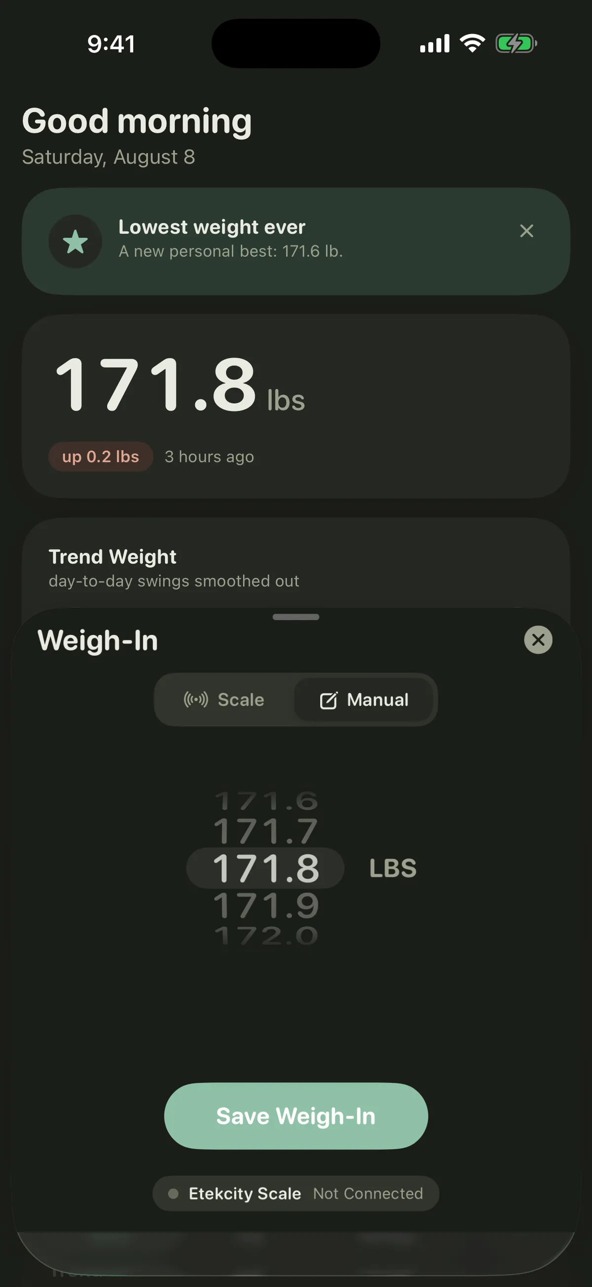 Manual weigh-in entry in dark mode for logging without a scale