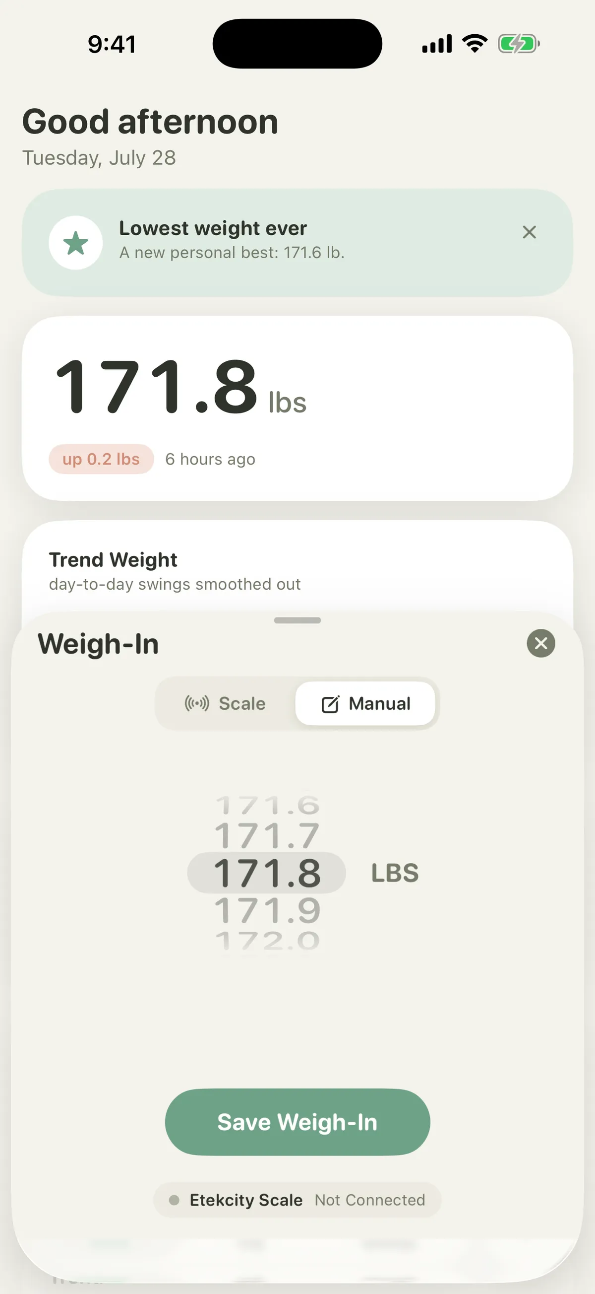Manual weigh-in entry with a large weight field for logging without a scale