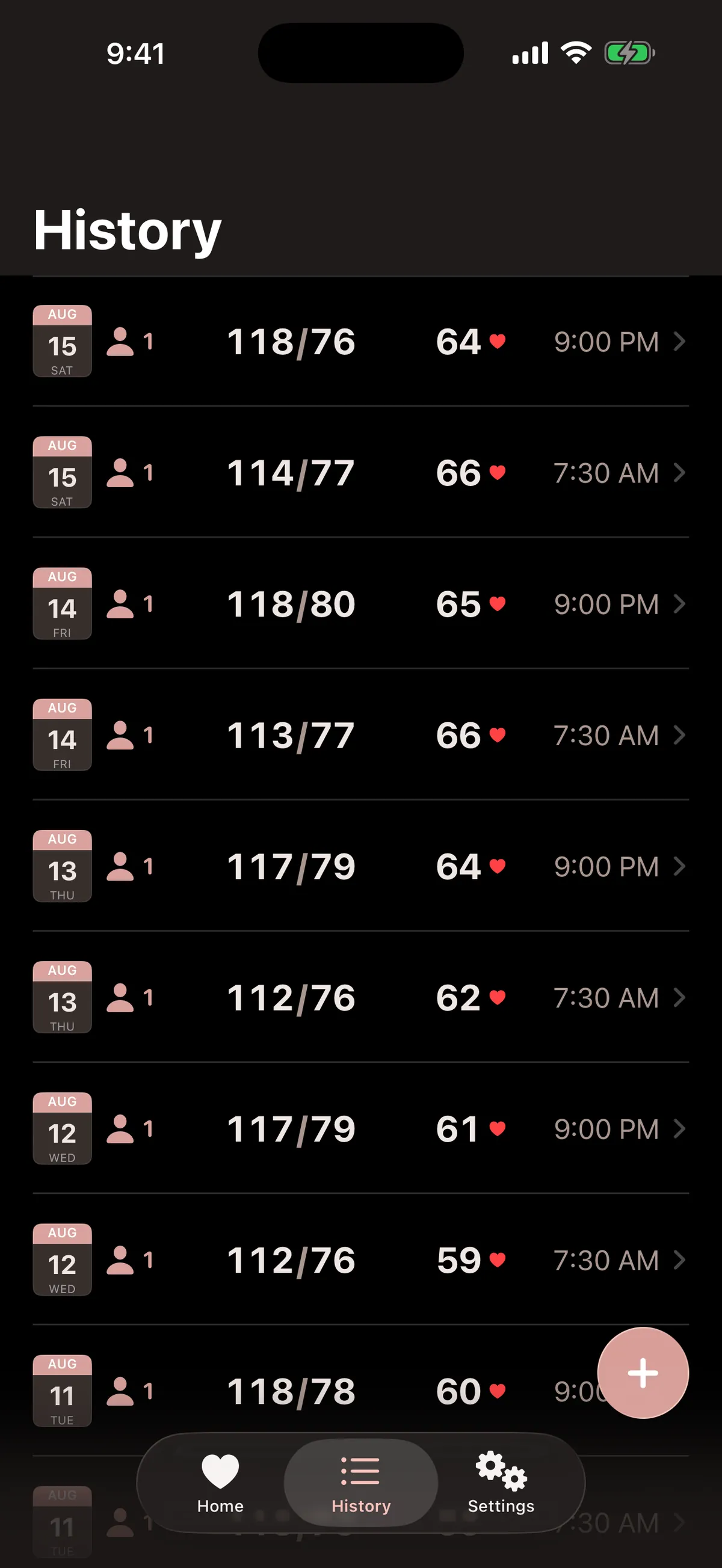 History list of readings in dark mode