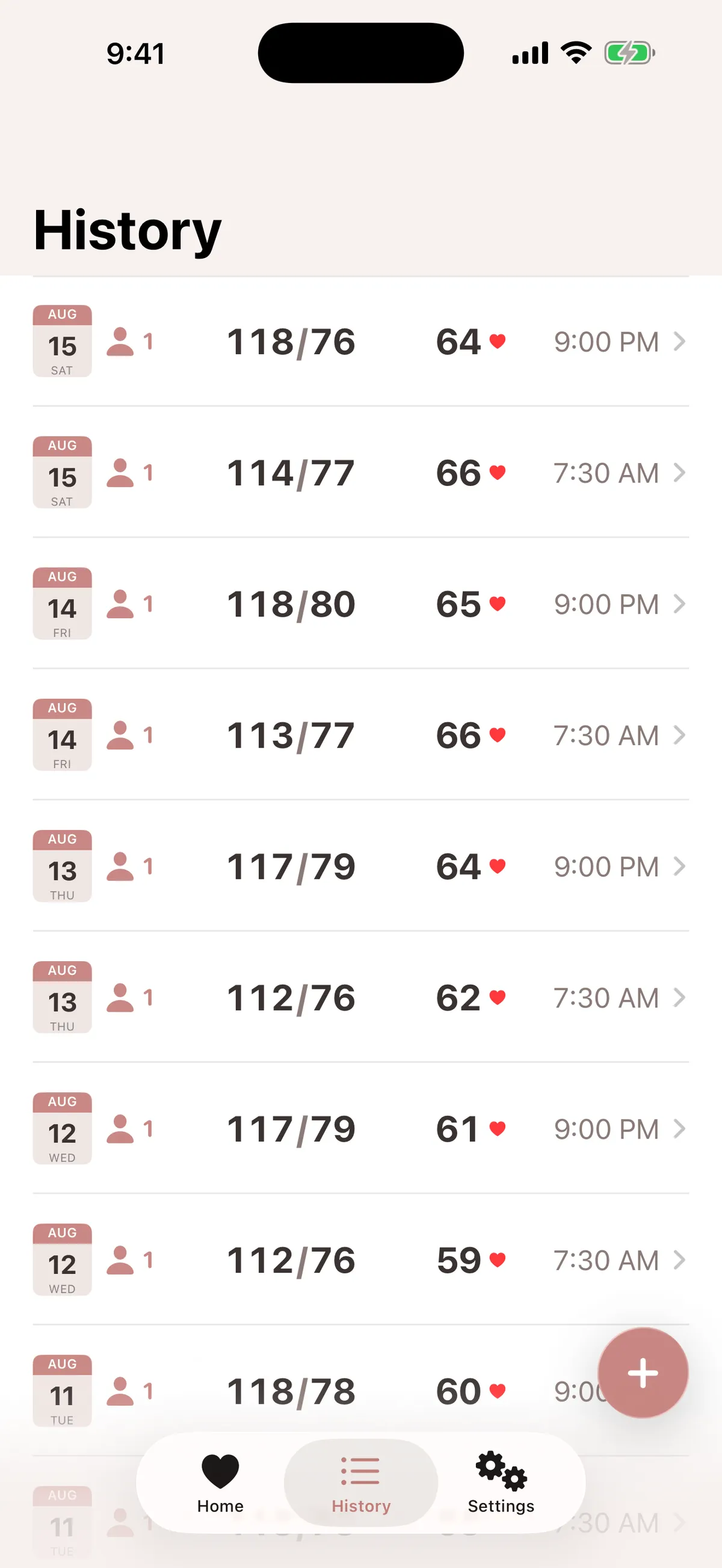 History list of readings with calendar date, person indicator, blood pressure, pulse, and time