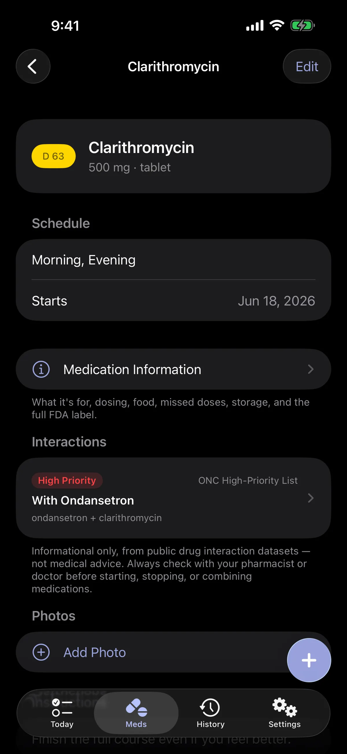 Medication screen in dark mode showing a severity-rated interaction warning