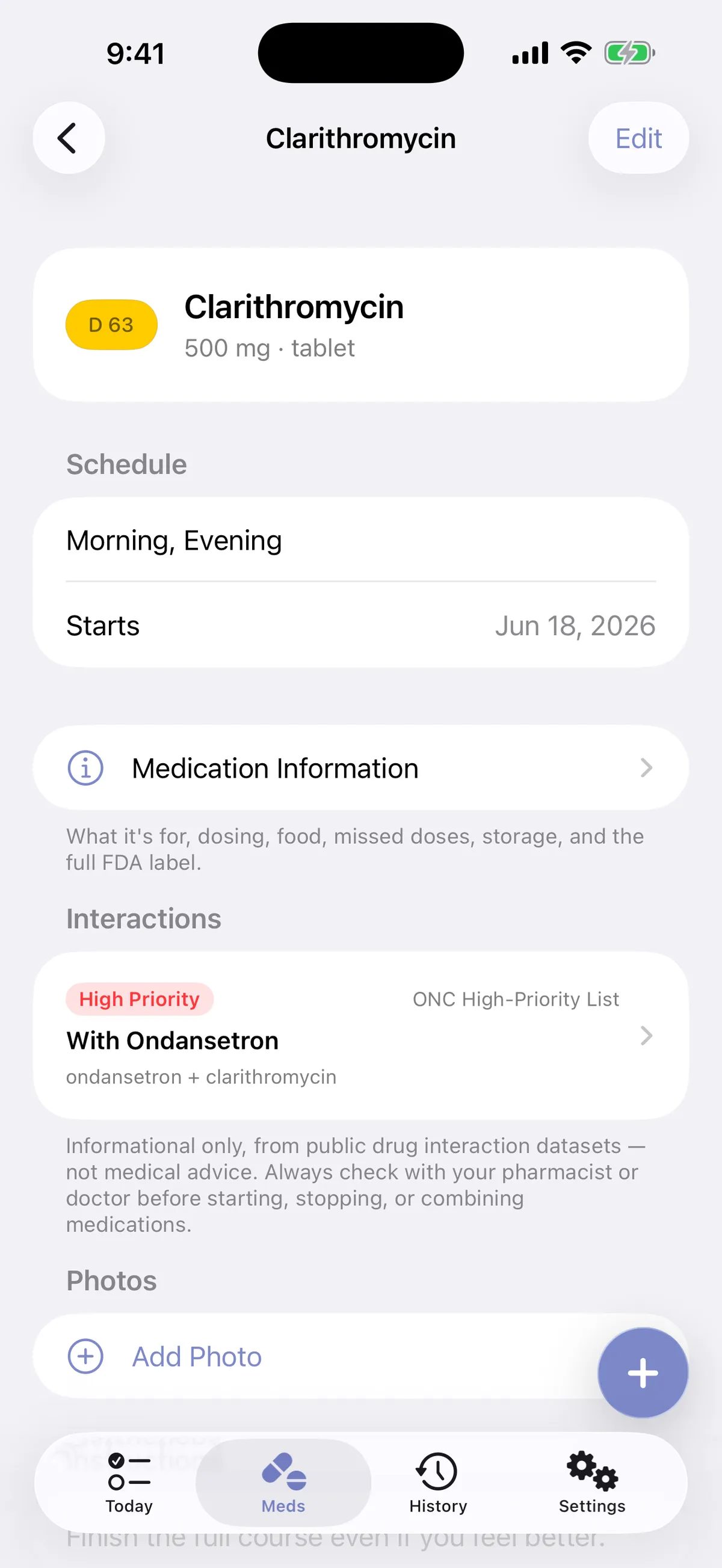 Medication screen showing a severity-rated interaction warning with another medication on the list