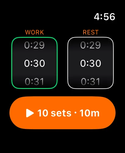 Work and rest duration pickers with the computed set count