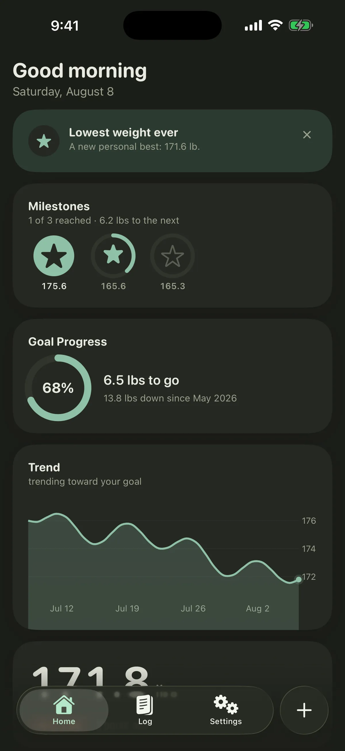 Milestones card in dark mode showing starred stretches on the way to a goal