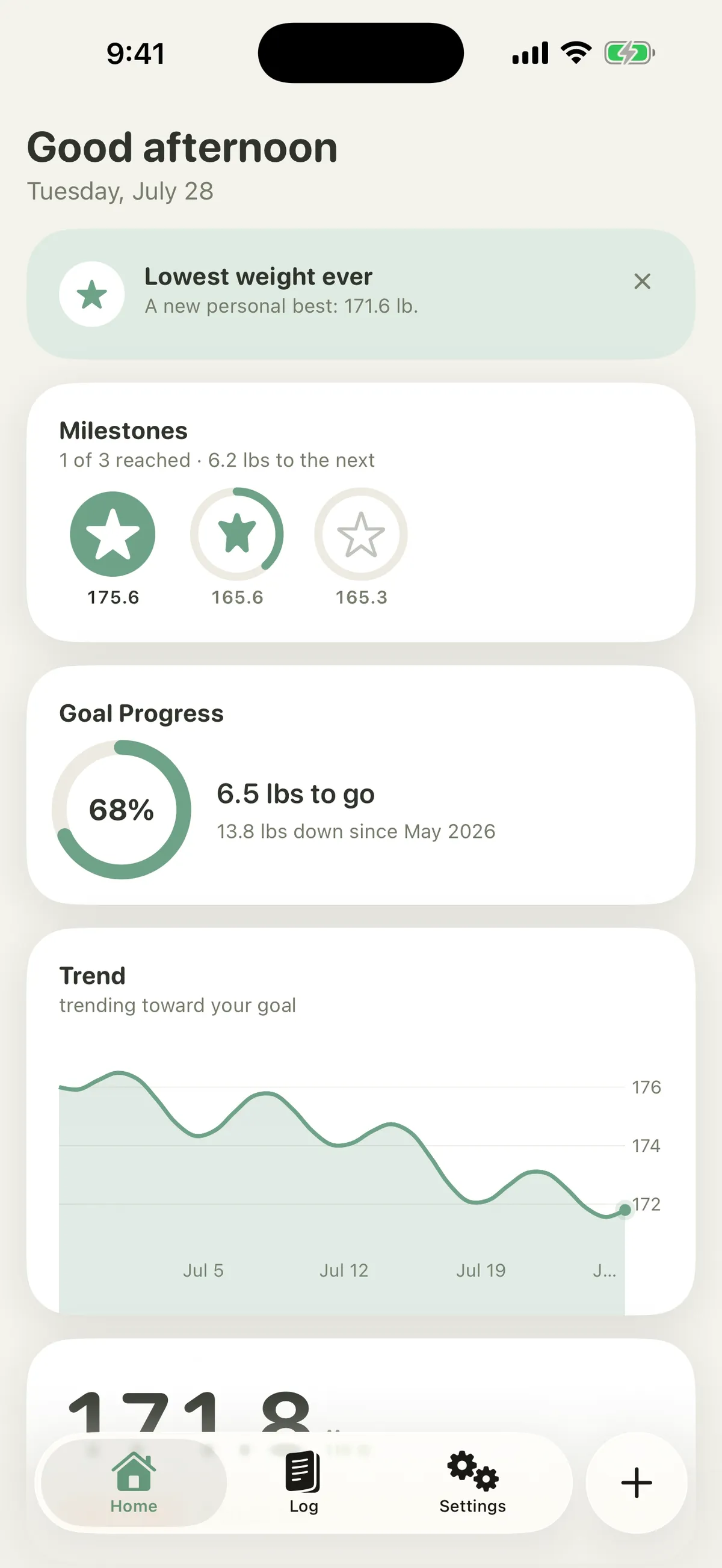 Milestones card showing starred stretches on the way to a goal, above goal progress and the trend chart