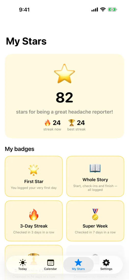 My Stars screen with streaks and badges