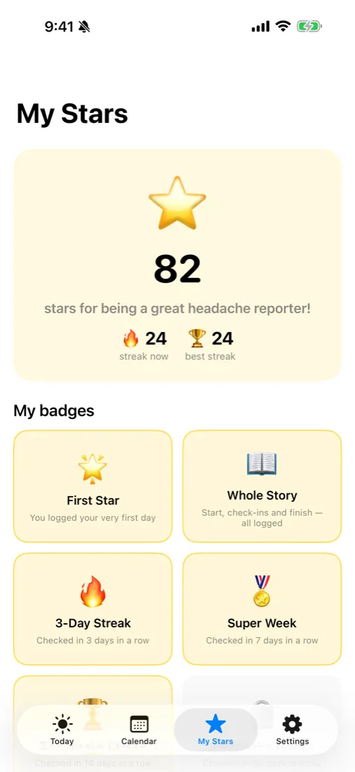 My Stars screen with streaks and badges