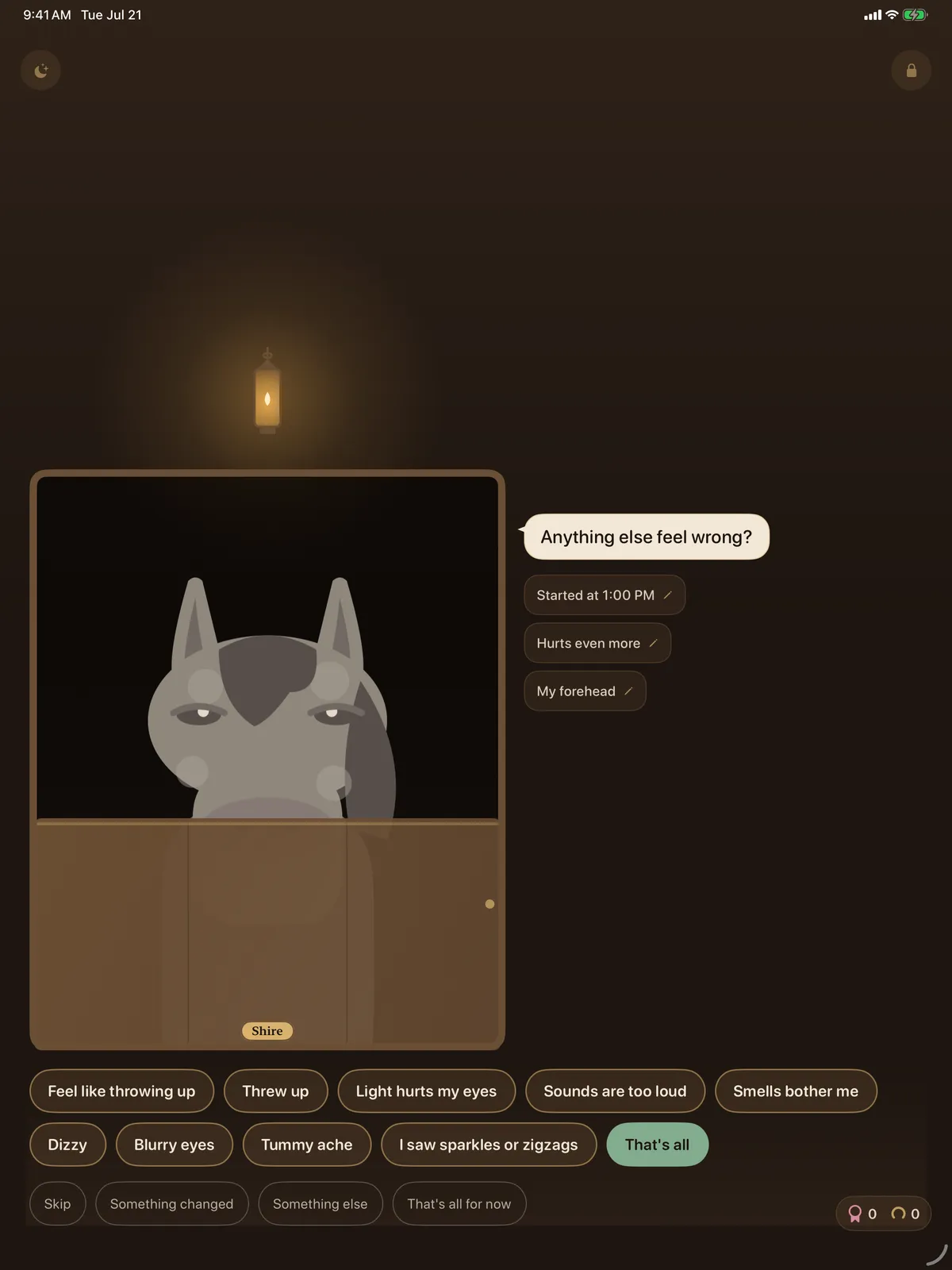 Shire asking what else feels wrong on iPad, with symptom choices in a child's words