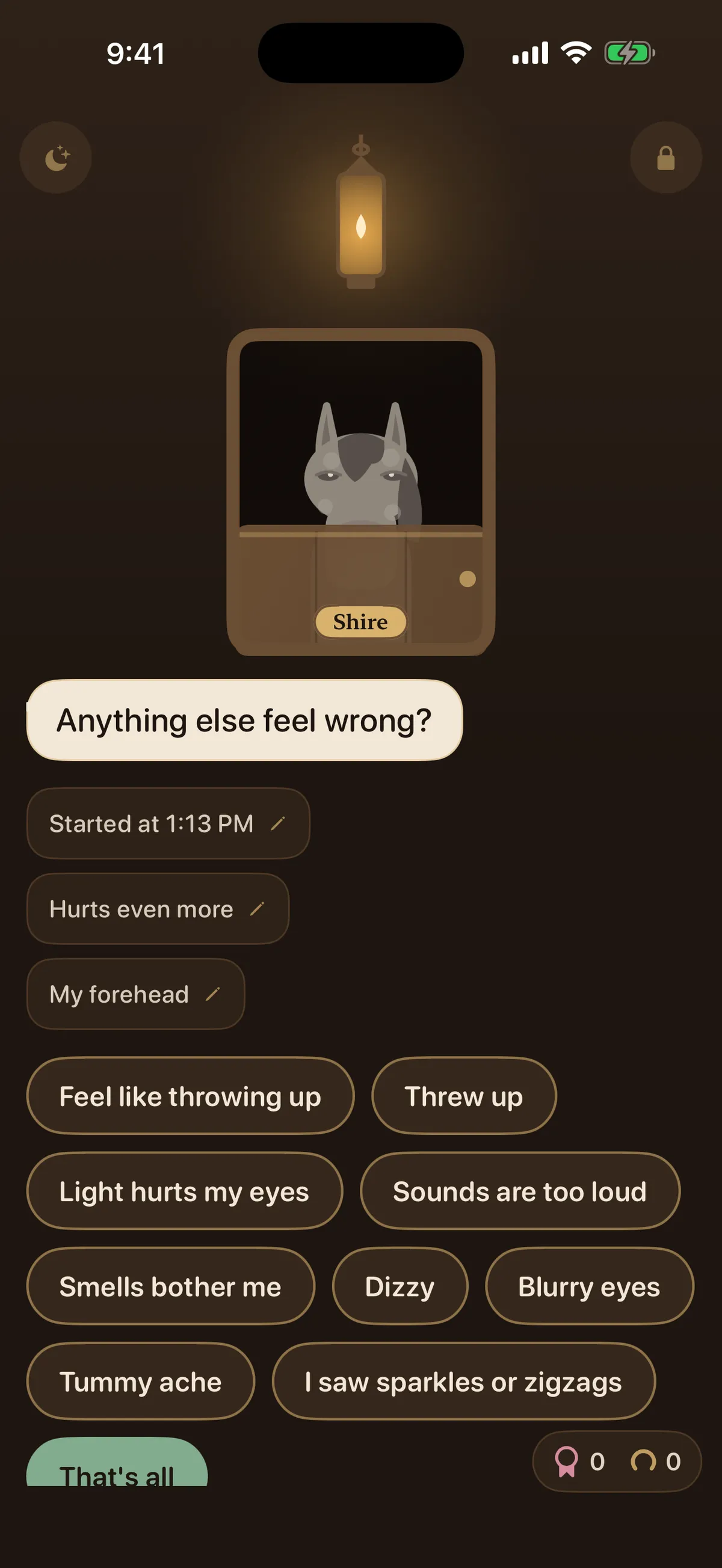 Shire asking what else feels wrong, with symptom choices in a child's words