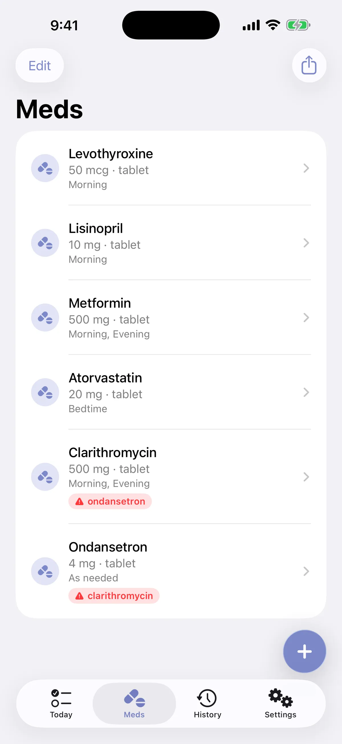 Medication library in your own order, with interaction warnings surfaced right on the list