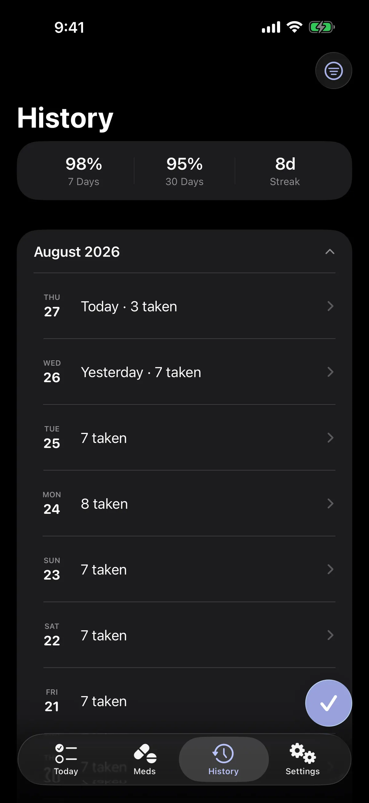 Dose history in dark mode with every take, skip, and miss recorded by day