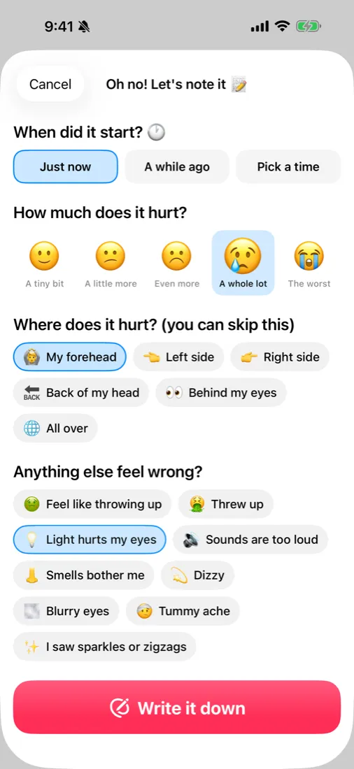 Logging sheet with faces pain scale and symptom chips