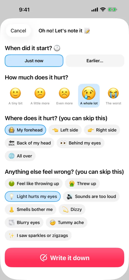Logging sheet with faces pain scale and symptom chips