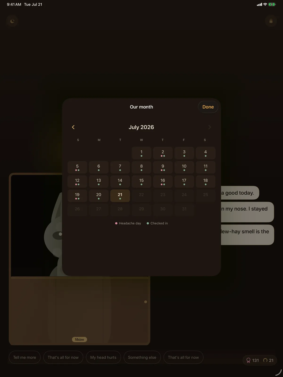 The calendar of the month on iPad, marking headache days and days checked in