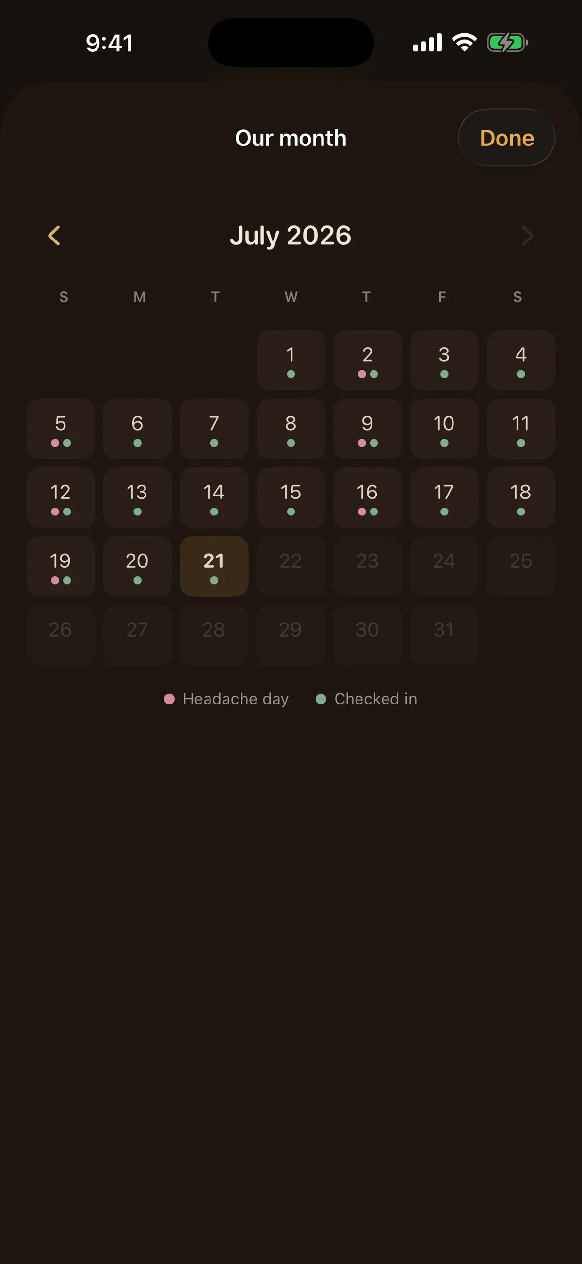 The calendar of the month, marking headache days and days checked in