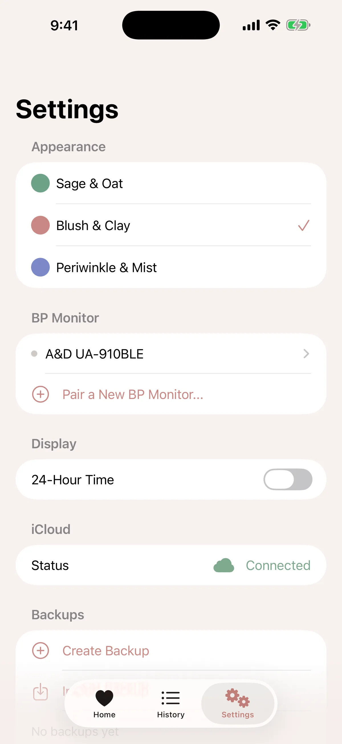 Settings with color themes, the paired blood pressure monitor, iCloud status, and backups