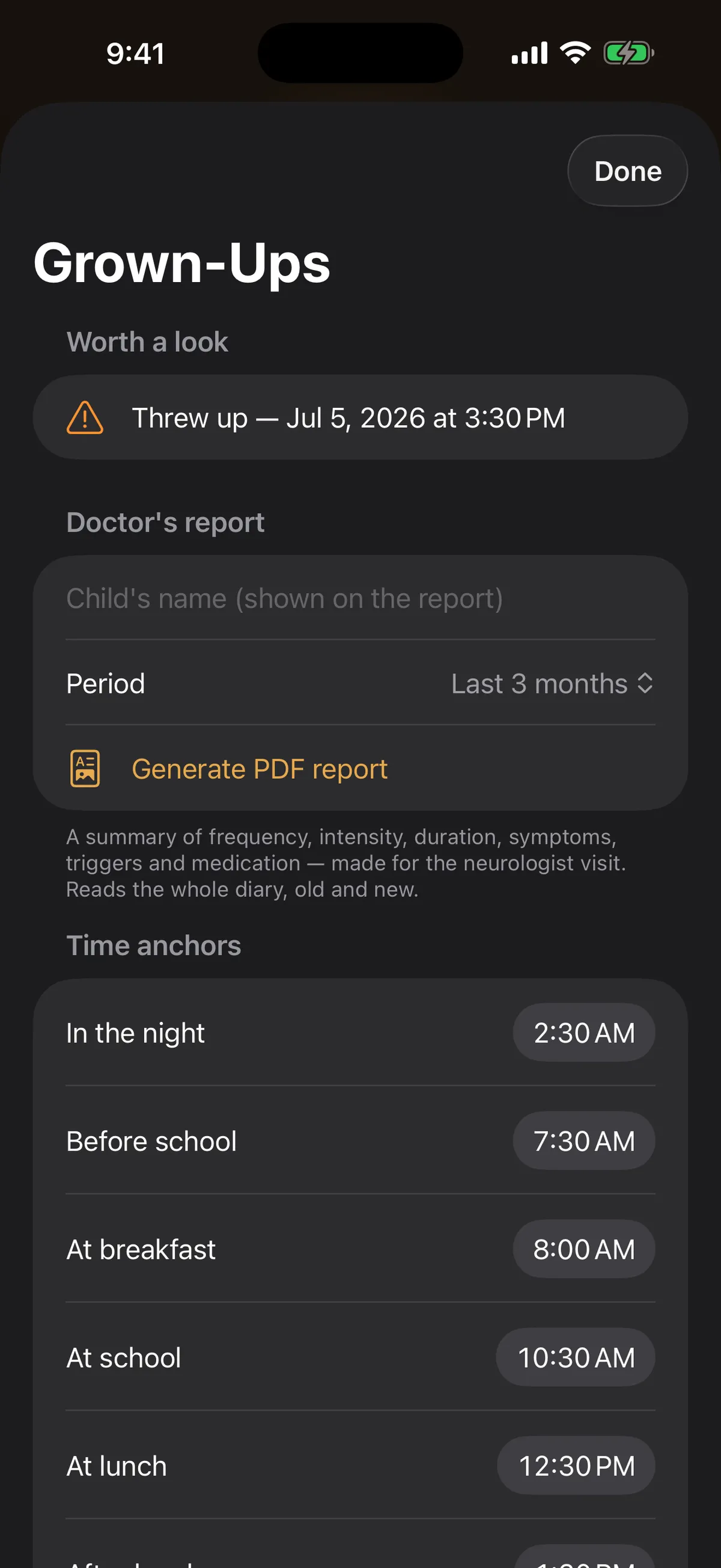 The generated PDF report for the neurologist, showing headache frequency, intensity and duration