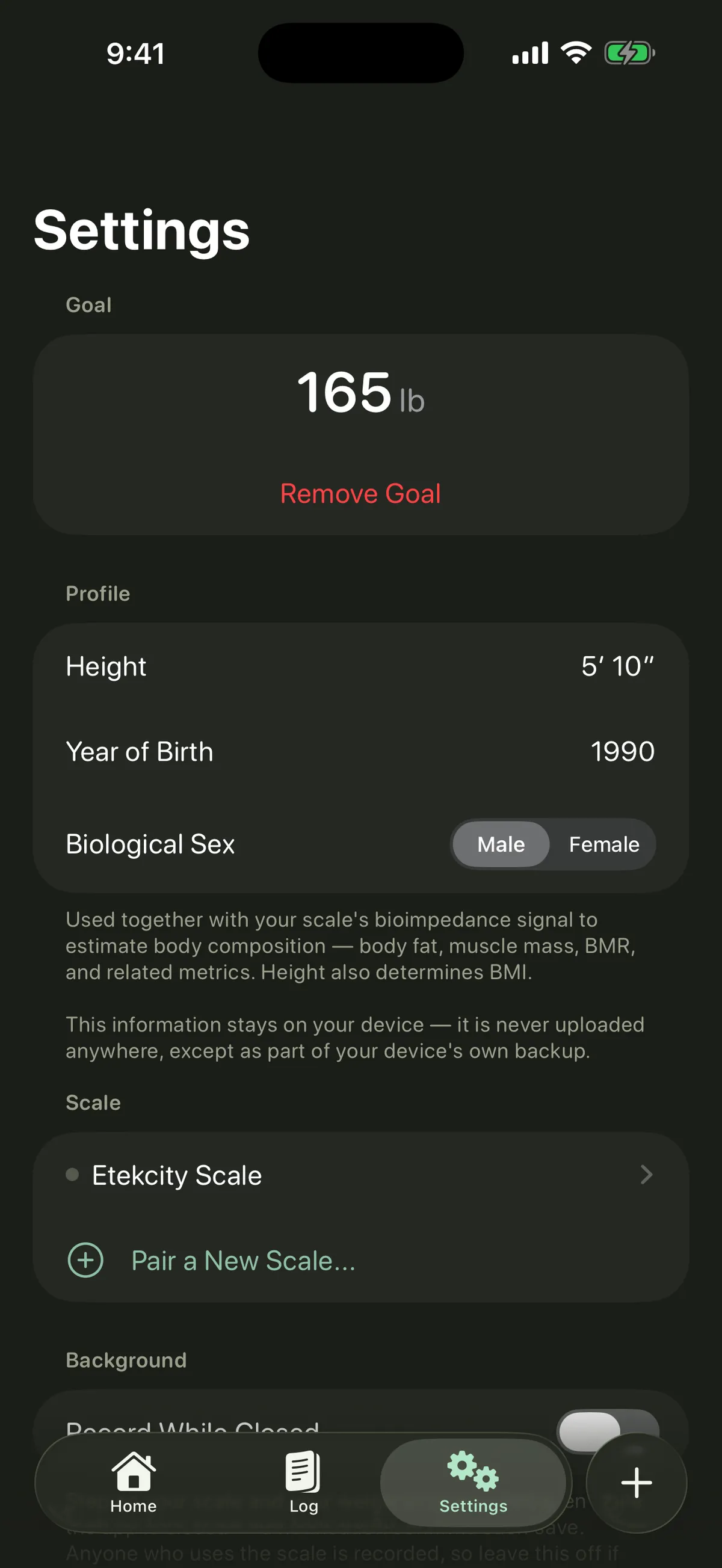 Settings in dark mode with the paired scale, goal, palettes, and Apple Health sync