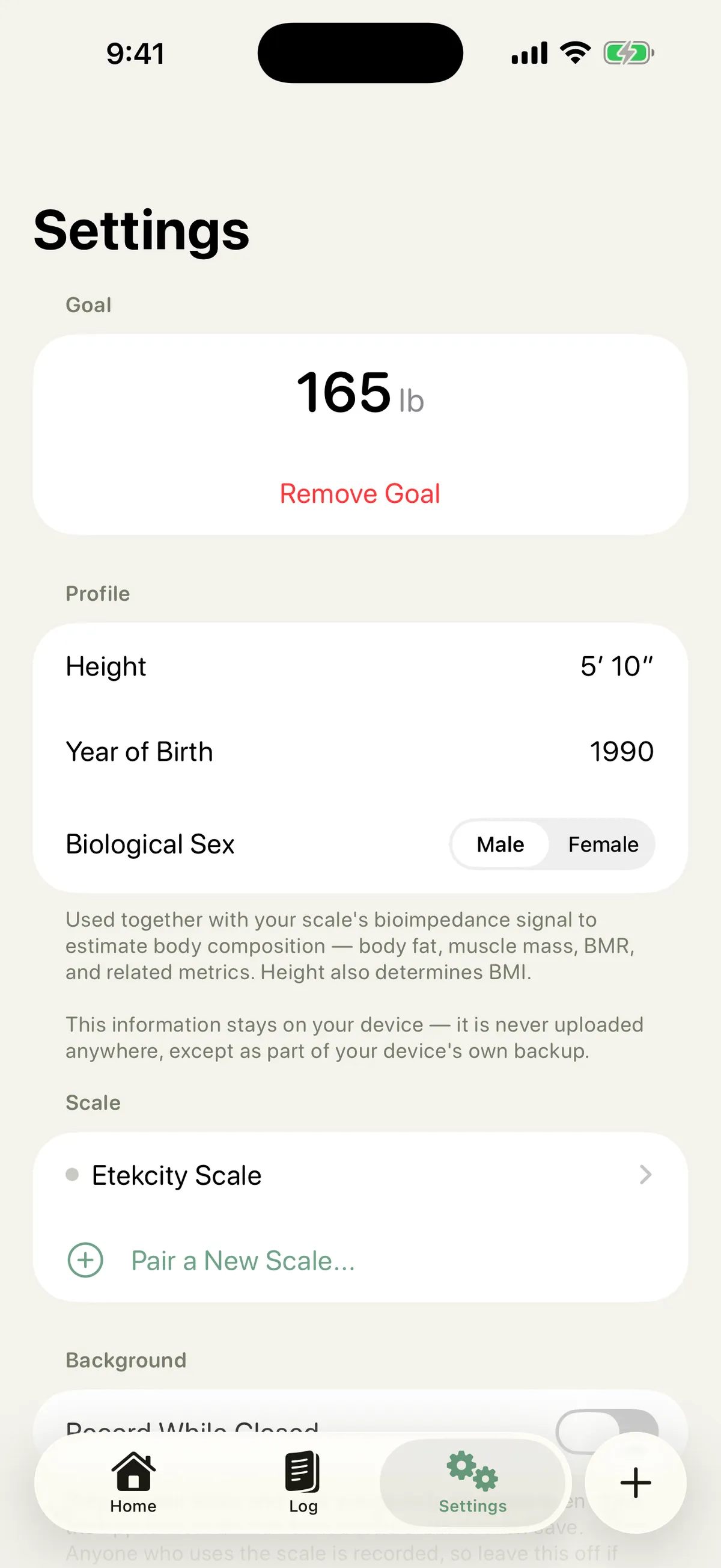 Settings with the paired scale, goal, palettes, Apple Health sync, and backup options