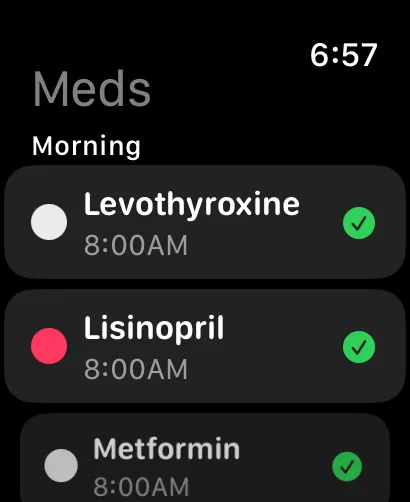 Apple Watch companion showing today's doses, ready to log takes and skips from the wrist