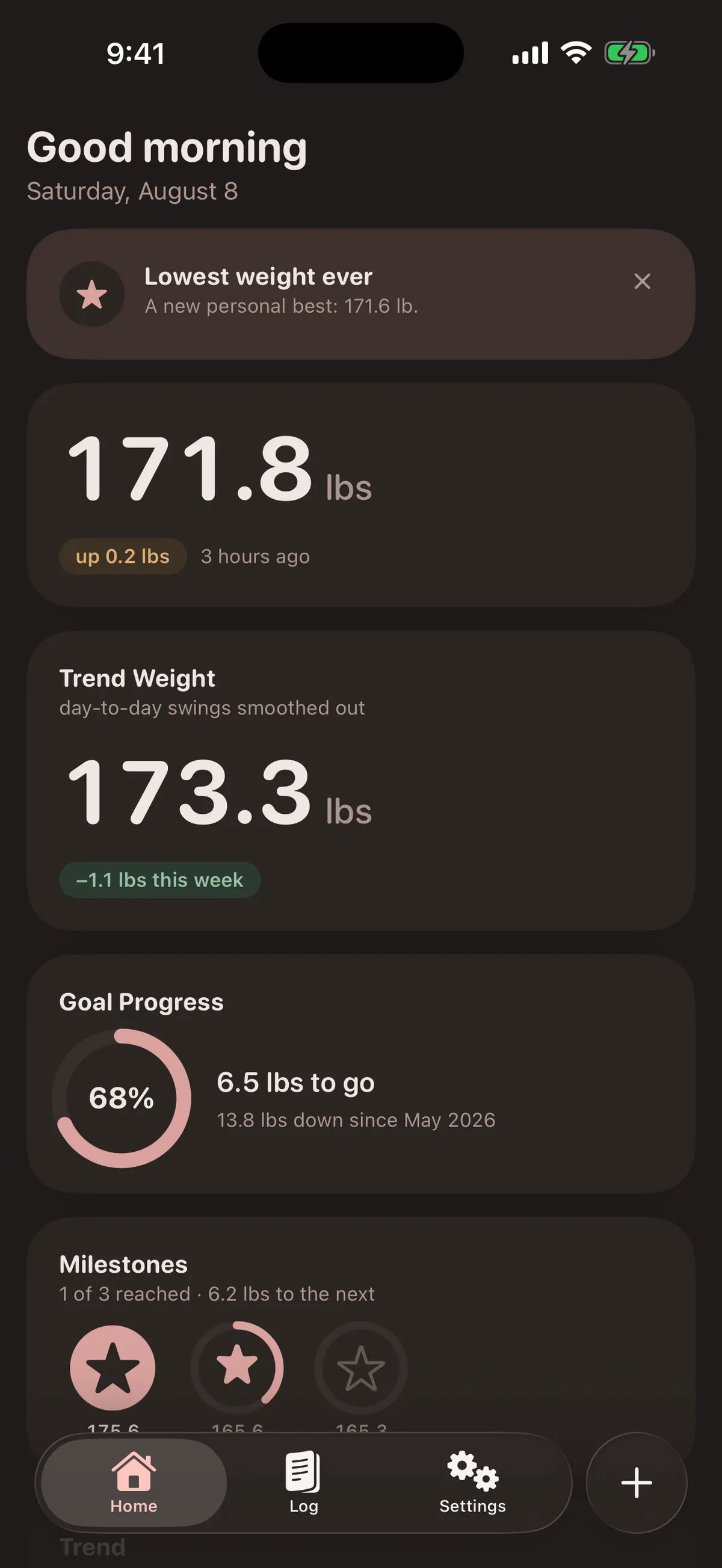 Home dashboard in dark mode with the Blush & Clay palette
