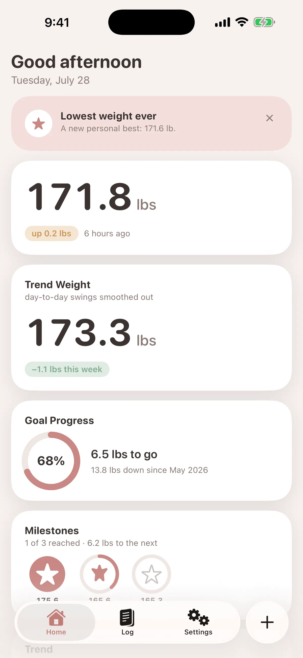 Home dashboard in the Blush & Clay palette