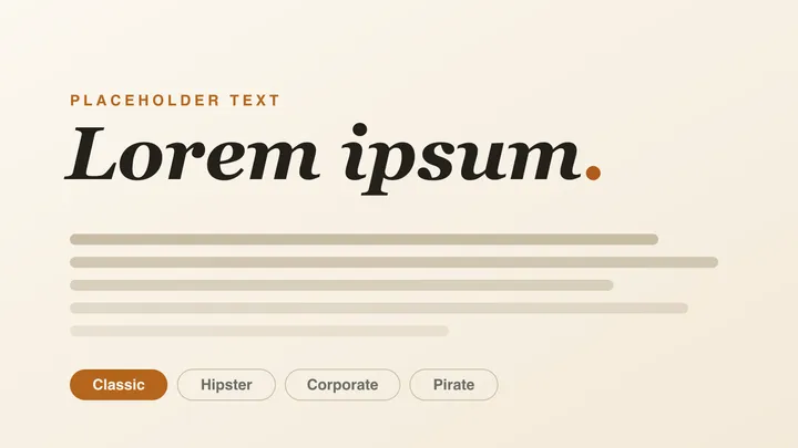 An editorial hero reading "Lorem ipsum." over placeholder text bars and four style pills.