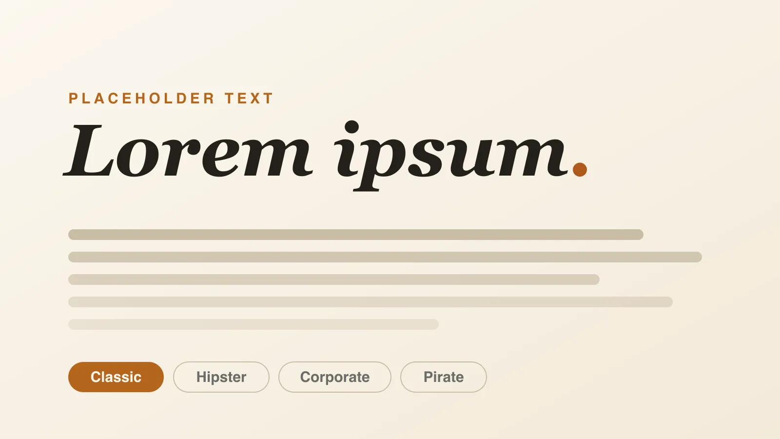 An editorial hero reading "Lorem ipsum." over placeholder text bars and four style pills.